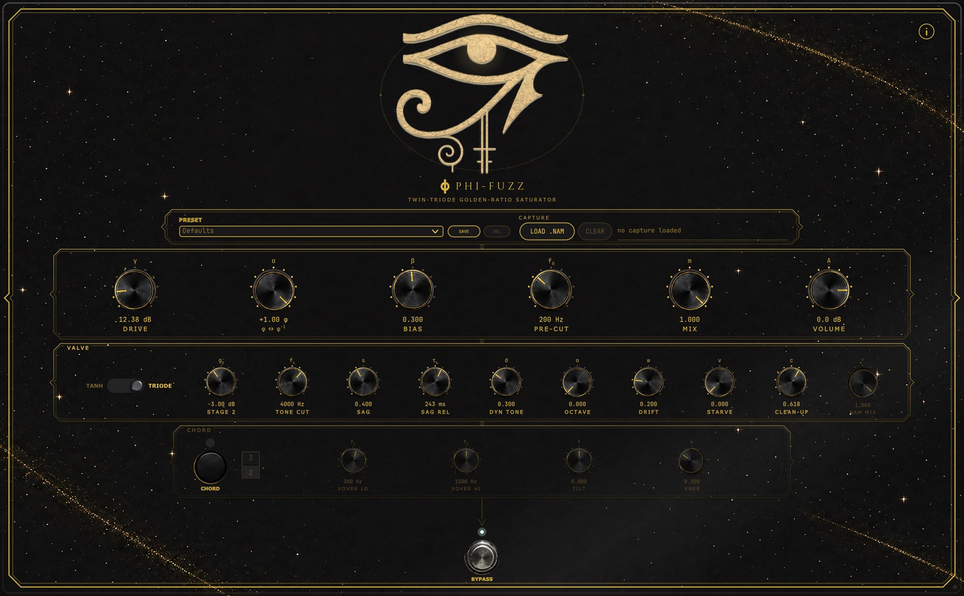 Phi-Fuzz plugin interface: black panel, gold knobs, Eye of Horus